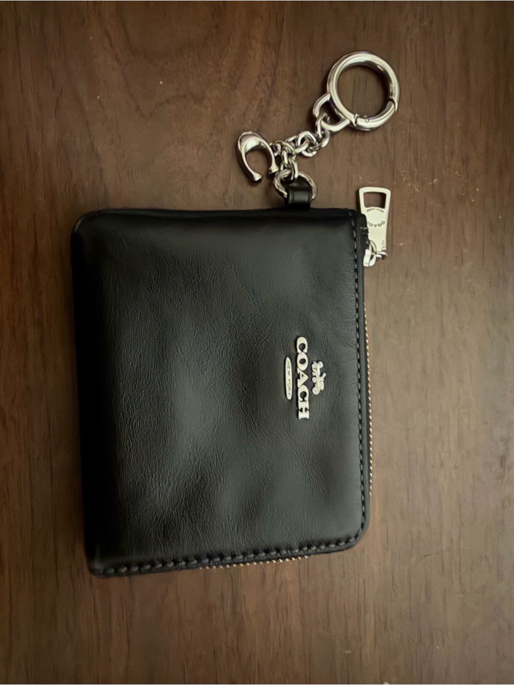 Coach Black Leather Zip Wallet with Silver Keychain Hardware